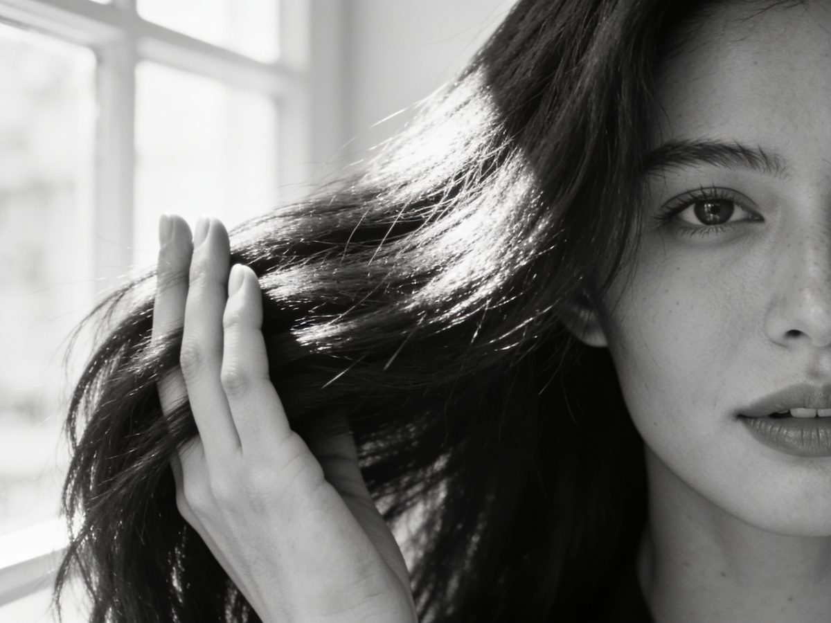Registro de acompanhamento: cabelo denso e saudável em preto e branco